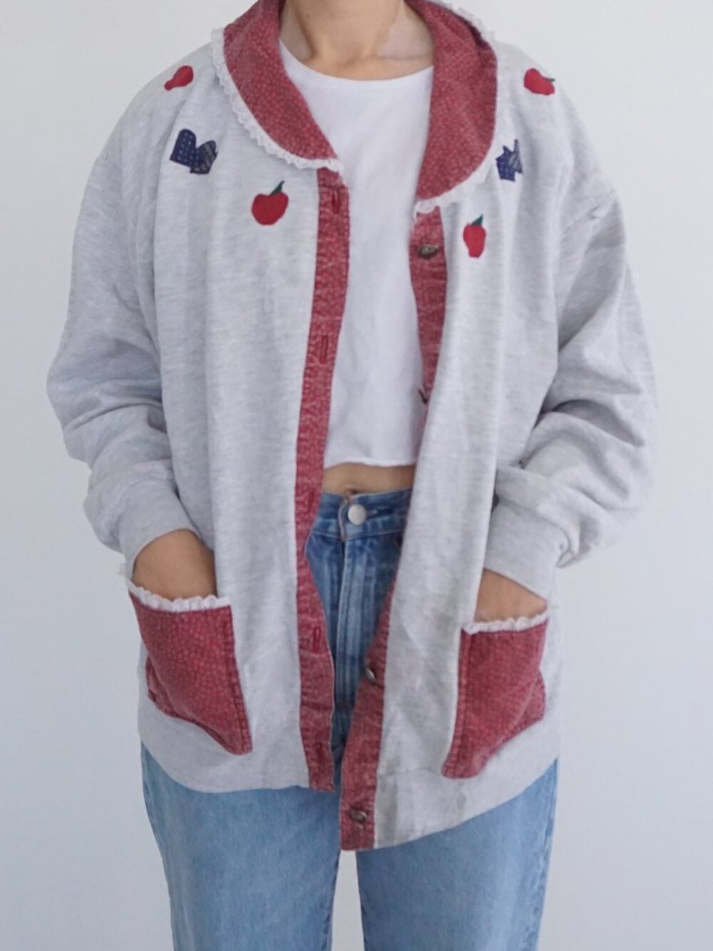 Vintage Jerzees Gray Apple Heart Embroider Button Cotton Lace Collar Cardigan L